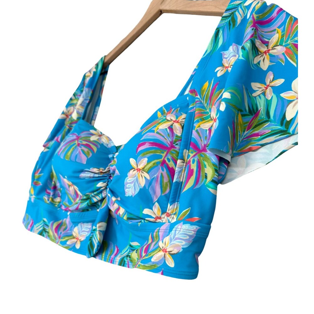 Torrid Wireless Swim Top 3X Blue Tropical Flutter Sleeve Floral Bikini Padded - Picture 3 of 10